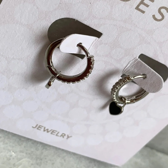 Silver Crystal Paved Heart Hoop Huggie Earrings - Picture 2 of 4